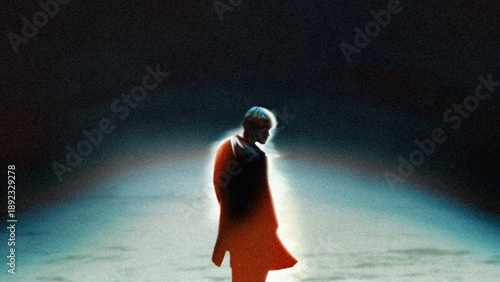 Cuadro en lienzo Cinematic grain design glowing human silhouette dissolving into digital environment