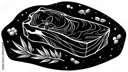 Very beautiful close-up of raw pork meat on dark stone with spices and herbs, emphasizing rustic styling, fresh texture, natural fat layers, and culinary preparation details.  white background
