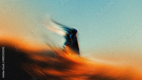 Artistic blur mixed media human silhouette dissolving into abstract landscape. Concept of escapism, loss of boundaries, altered perception, emotional detachment, surreal inner world, mental refuge.