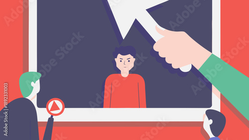 Giant cursor clicks on a man in a red shirt on a computer screen with two viewers