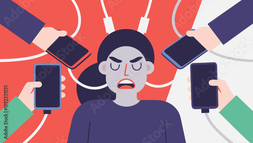 Frustrated woman tangled in multiple phone cords and devices overwhelmed by technology and social media