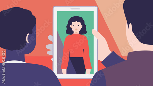 Two people viewing a digital portrait on a smartphone screen with a green background