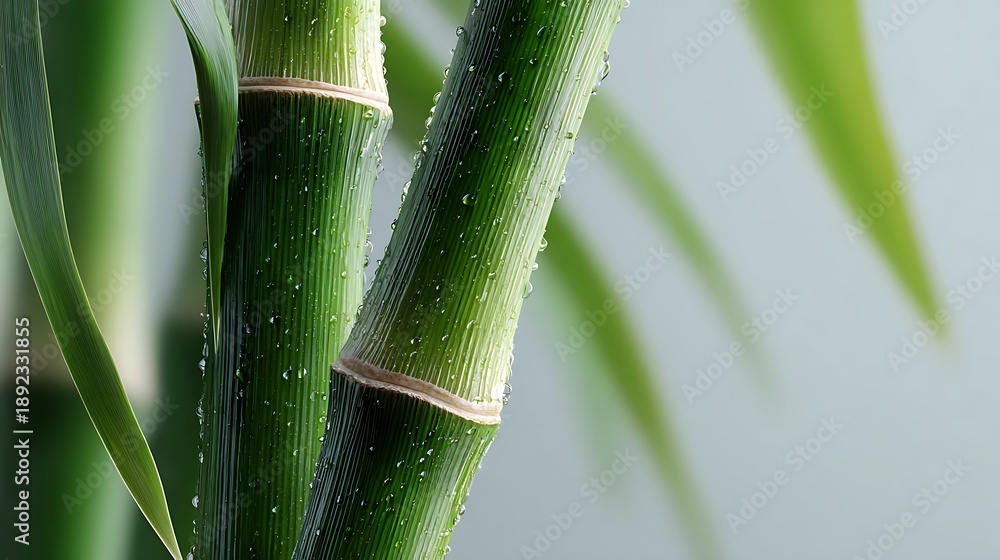 Fototapeta premium Close up of bamboo stems with water droplets and visible nodes. Diagonal composition with soft background, showing bamboo surface texture and plant structure