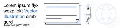 Business growth, globalization, education, digital innovation, documentation, content creation. Rectangular document with rocket and globe icon. Business growth and globalization