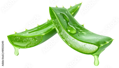 Two sliced, vibrant green leaves of a succulent plant, showing clear gel, against a black background