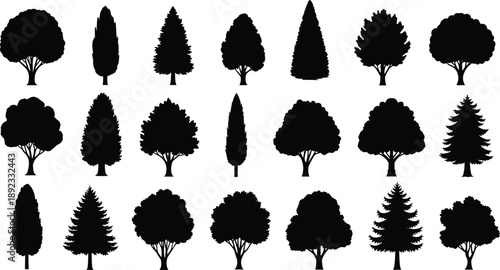 Tree, Trees, Forest, Woodland, Nature, Landscape, Botanical, Plant, Flora, Environment, Ecology, Natural, Outdoor, Park, Silhouette, Vector, Icon, Illustration, Design, Collection
