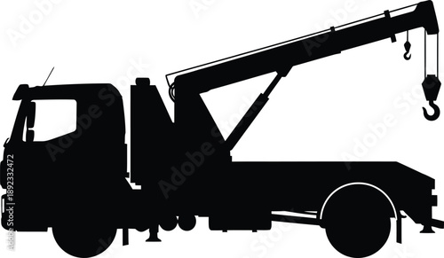 A heavy industrial construction machinery silhouette featuring a crane, excavator, and hydraulic equipment vehicle isolated on a white background for transport industry vector graphics