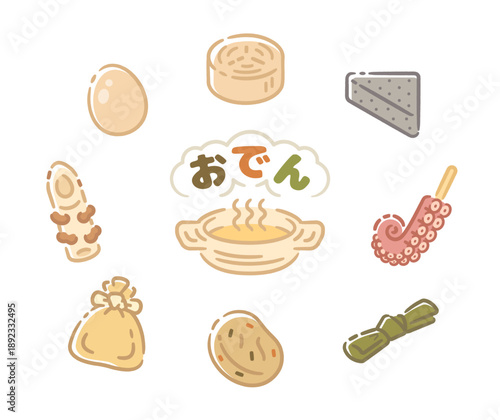 Illustration of eight types of oden ingredients