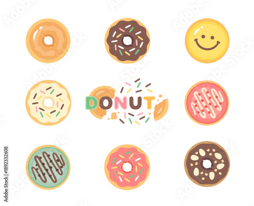 Eight types of donuts vector illustration