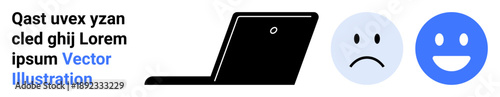 Feedback systems, emotional reactions, user interaction, review analysis, digital communication, technology concepts. Black laptop and sad blue and happy blue emoticons. Feedback systems