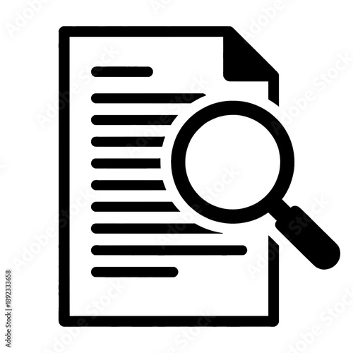 Tax audit document icon vector with magnifying glass, black and white minimalist silhouette for financial inspection concept