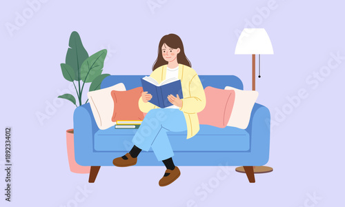 거실 파란색 소파에 앉아 책을 읽으며 휴식을 취하는 젊은 여성 일러스트