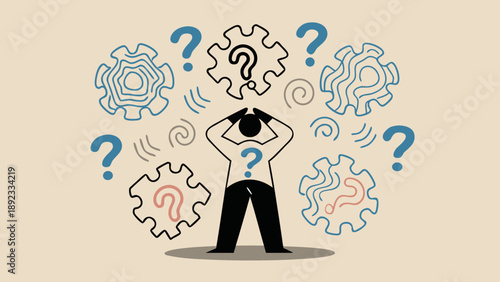 Perplexed humanoid figure with puzzle pieces and question marks floating above symbolizing confusion and problem solving