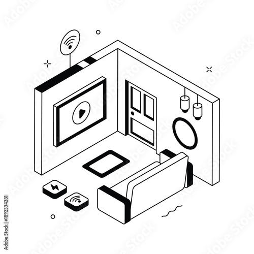 A visually appealing isometric illustration of smart apartment interior