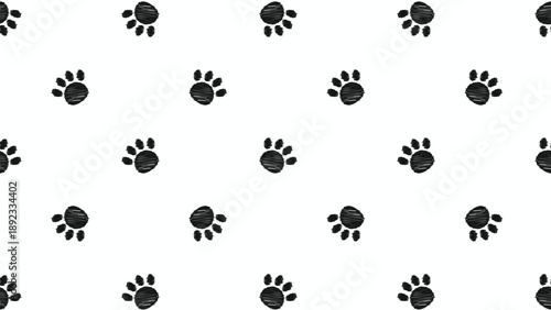 Hand drawn scribble paw print seamless pattern on white background. Minimalist animal track vector texture for pet shop branding and fabric