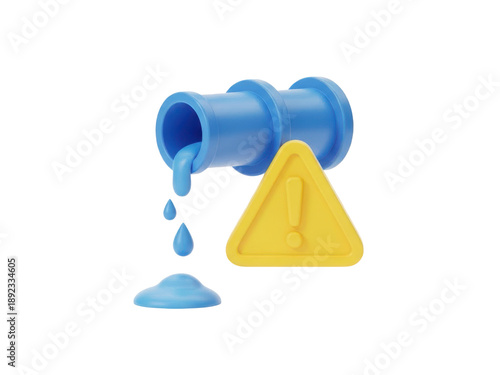3d rendering of a blue pipe leaking liquid with a yellow warning sign isolated on transparent background