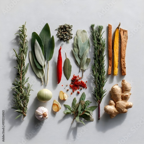 Flat Lay of Fresh Culinary Herbs, Spices, and Organic Ingredients