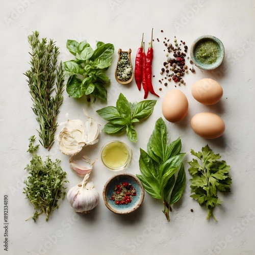 Flat Lay of Fresh Culinary Herbs, Spices, and Organic Ingredients