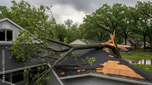 Fallen tree on damaged roof after storm, suburban neighborhood, overcast sky