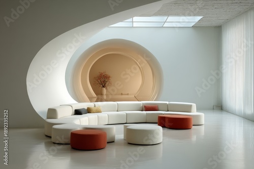 Modern minimalist living room with curved furniture, architectural elements, natural light, and biophilic decor for upscale interior inspiration