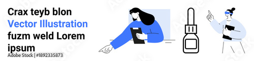 Education, analysis, instruction, healthcare, product tutorial, communication. Woman pointing and holding a clipboard, dropper bottle abstract text. Education and analysis through key visuals