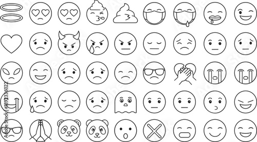 Hand drawn emoji and emoticon icon set showing happy sad angry love confused crying faces in outline style