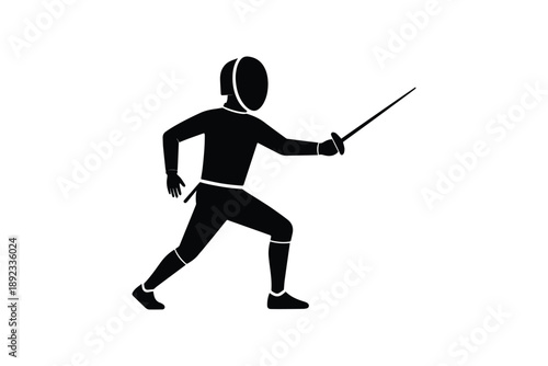Fencer in an attack position with a foil in hand on a white background