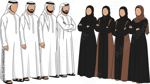 Group of Middle Eastern Arab Business Professionals Standing Together Wearing Traditional Kandoora and Abaya Attire for Corporate Diversity and Cultural Representation Concepts