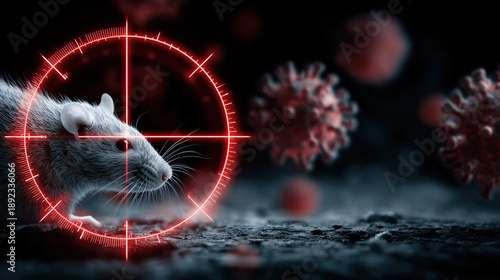 Cinematic white rat glowing red bull eye target with virus transmission molecules dark dramatic background showing danger fear and control