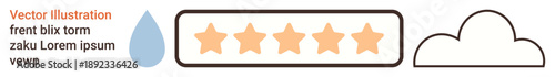 Customer feedback, weather app design, rating system, user interface elements, app interface, business reviews. Five stars in a row, cloud outline water droplet symbol. Customer feedback and weather