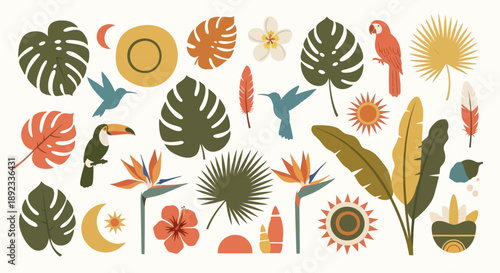 Vibrant tropical foliage and fauna, a harmonious blend of stylized natural elements, celebrating