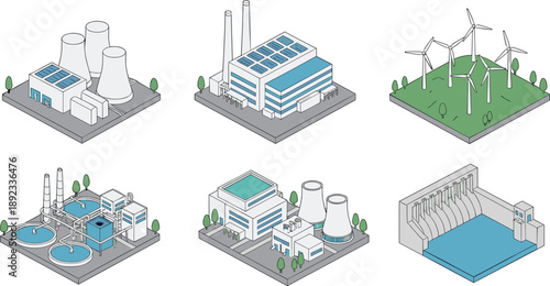 Isometric Industrial Power Plant and Renewable Energy Icon Set Featuring Nuclear Station Wind Turbines Hydroelectric Dam and Water Treatment Facility for Infrastructure