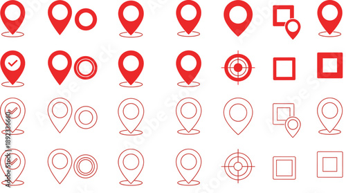Red Location Pin Icons Set With Map Markers Targets Check Marks And Square Shapes In Flat Style