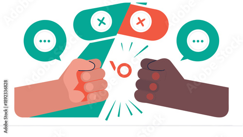 Flat illustration of two fists arguing with speech bubbles and disagreement symbols in a conflict concept