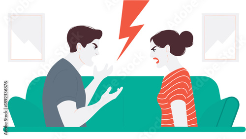 Couple arguing on couch with anger and frustration modern flat illustration of relationship conflict