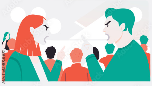 Stylized flat illustration of a heated town hall debate with people arguing and listening