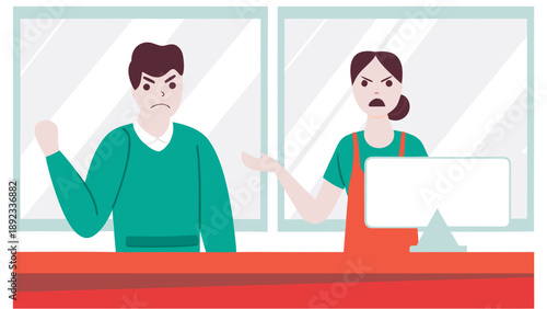 Frustrated customer and stressed shopkeeper at counter with computer unhappy interaction