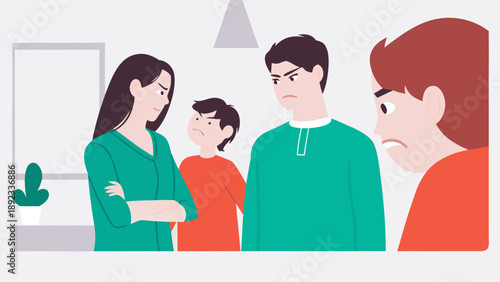 Stylized flat vector illustration of a family in conflict at home with sad expressions