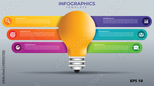 6-Step Lightbulb Infographic Template. Vector Innovation Presentation Slide with Large Central Bulb and Colorful Rounded Horizontal Process Banners