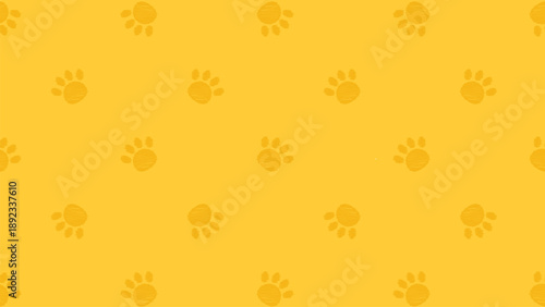 Seamless paw print pattern on yellow background. Hand-drawn scribble animal track vector for vibrant pet shop branding, nursery decor, and summer textile design
