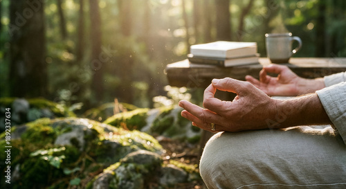 Trust recession digital detox mental recovery meditation outdoor forest nature scene, calm sunlight, remote woodland retreat focus on breath