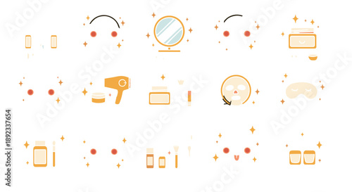 Cute skincare and beauty routine icon set with cosmetic tools facial care products spa self care elements