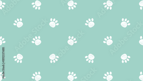 White scribble paw prints on mint teal background seamless pattern. Minimalist hand-drawn animal footprint vector for pet accessories, gift wrap, and nursery textile