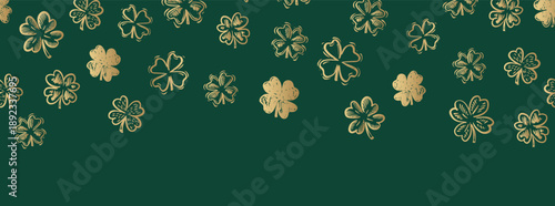 Saint Patricks Day, Gold Clover pattern on green, hand drawn illustrations.
