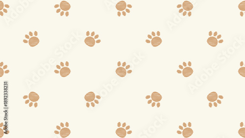 Seamless paw print pattern with hand drawn scribble style on cream background. Minimalist brown animal track vector for organic pet branding, earthy nursery decor, and fabric
