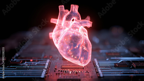 Glowing Digital Heart Floating Above a Circuit Board, Futuristic Concept of Technology and Emotion in a High-Tech Design