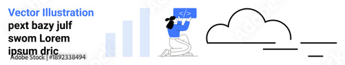 Cloud computing, data management, coding, analytics, software development, technology integration. Female developer working on code with data charts and a cloud icon. Cloud computing and data