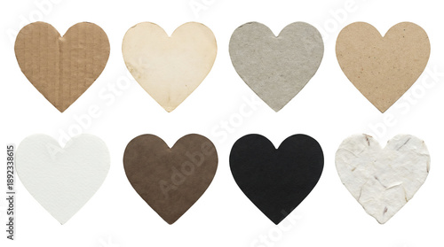 Heart shape paper set including cardboard, recycled, textured, and black material variants isolated. Craft and romantic stationary collection.