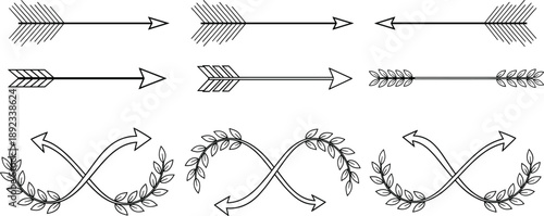 Hand drawn arrows and infinity wreath frames with leaves boho rustic decorative elements