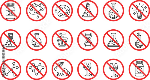 Prohibition science icons set with crossed laboratory equipment chemical symbols and warning signs
